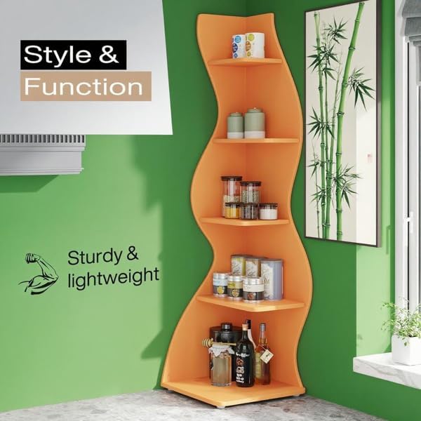 Storage Shelves Unit 5-Tier Shelf, Corner Shelving for Bedroom, Freestanding Decorative Ladder Etagere Organizer, Narrow Bookshelf, Bathroom Storage, Decorative Etagere for Plant Stand (Orange)