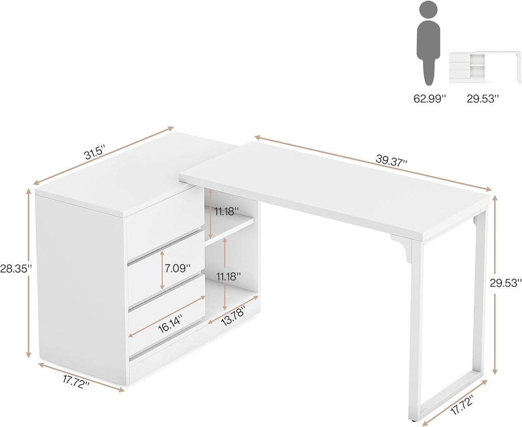 Tribesigns Vanity Desk with 3 Drawers and 2 Shelves, Small Makeup Table with Reversible Adjustable Storage Cabinet, Modern Corner Dressing Table for Bedroom, Makeup Room (Without Mirror) (Matte White)
