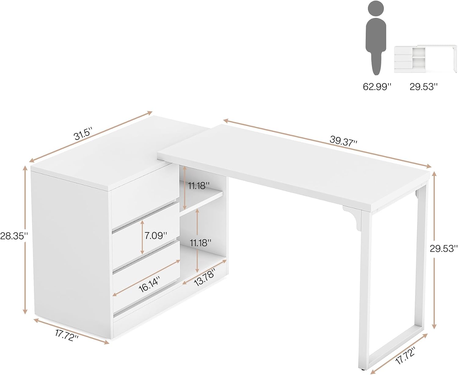 Tribesigns Vanity Desk with 3 Drawers and 2 Shelves, Small Makeup Table with Reversible Adjustable Storage Cabinet, Modern Corner Dressing Table for Bedroom, Makeup Room (Without Mirror) (Matte White)