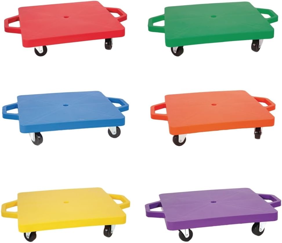 S&S Worldwide 16' Scooter Board with Handles - Set of 6 Multicolor Gym Scooters with Durable HDPE Plastic Base, Non-Marring 2' Casters, Hand Guards, 200 lb Capacity for PE Class, Indoor & Outdoor Play
