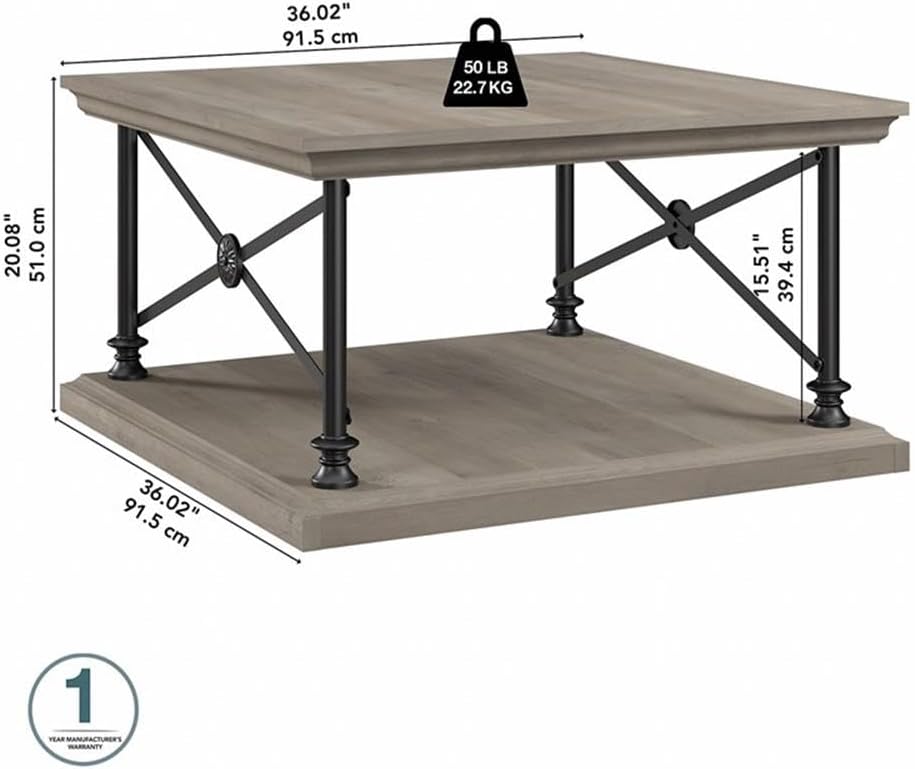 BOWERY HILL Square Coffee Table, Driftwood Gray Finish, Engineered Wood Construction, Sturdy 50 lb Capacity, Bottom Shelf for Storage, Industrial Farmhouse Style Living Room Table