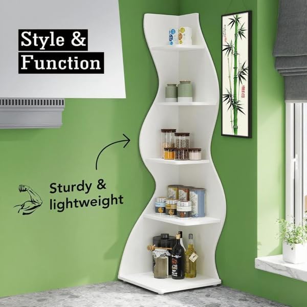 Storage Shelves Unit 5-Tier Shelf, Corner Shelving for Bedroom, Freestanding Decorative Ladder Etagere Organizer, Narrow Bookshelf, Bathroom Storage, Decorative Etagere for Plant Stand (White)