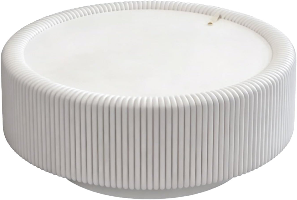 31.5'' Round Coffee Table with Storage, Modern Circle Fluted Drum Pedestal Coffee Table for Living Room, Tempered Glass Moveable Lid & PU Leather Body & Baked Enamel Leg, White