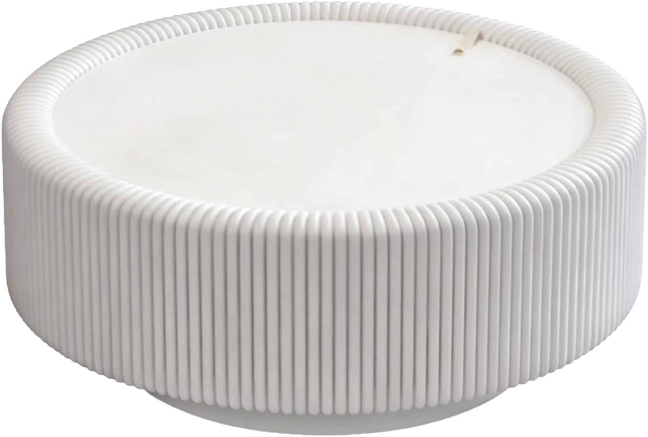 31.5'' Round Coffee Table with Storage, Modern Circle Fluted Drum Pedestal Coffee Table for Living Room, Tempered Glass Moveable Lid & PU Leather Body & Baked Enamel Leg, White