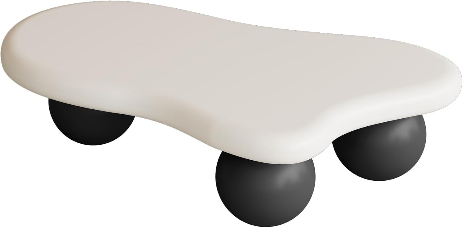 47' Cloud Coffee Table,Modern Cute End Table with Ball Legs,Small Round Edge Tea Table,Irregular Indoor Wood Coffee Table for Living Room, Bedroom, Small Space,Balcony,Patio Cream White+Black