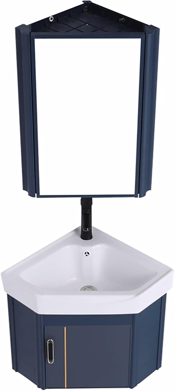 Corner Ceramic Sink Bathroom Vanity Cabinet Corner Wall Mount Bathroom Sink Wall Mounted Bathroom Sink Bathroom Sink with Storage Container Cabinet with Mirror(Gray,16.5in/42cm)