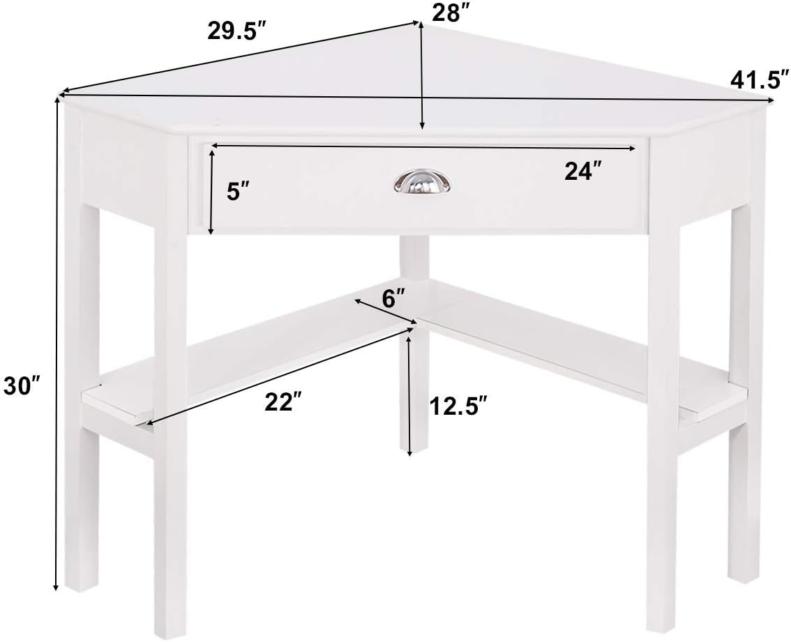 Corner Computer Desk, Space-Saving Table With Drawer & Shelves, Home Office 90 Triangle Workstation, Modern Makeup Vanity, Small Desk for Small Spaces (White)