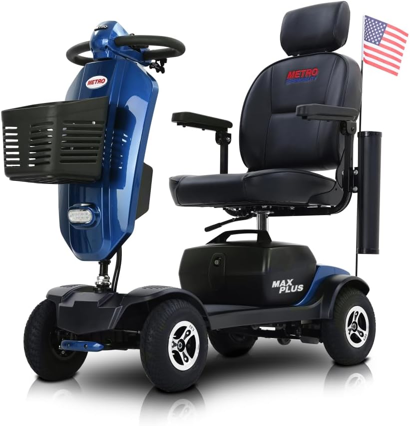MAX Plus Emerald Outdoor Mobility Scooter - 16 Miles Range, Foldable Design, Anti-Tip Safety System, USB Charger & Cup Holder, 2 * 20AH Battery (300W Motor, 136kg Capacity) (Blue + Metal)