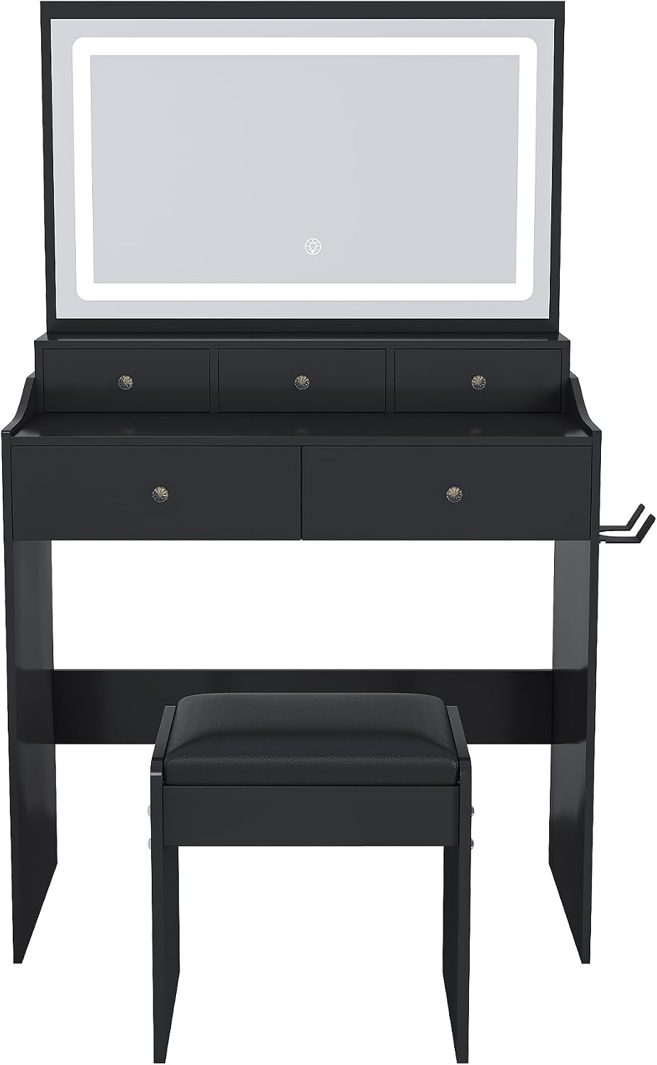 Vanity Desk with LED Light Mirror, Storage Makeup Vanity Table with Stool, 5 Drawers, Hairdryer Holder, Power Outlet, 3 Adjustable Lighting Colors, Dressing Table and Chair for Bedroom, Black