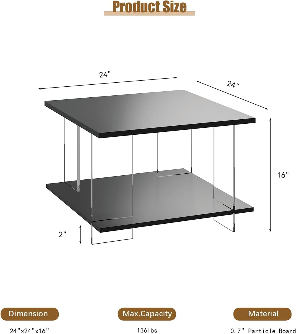 HedoAjim 24' Acrylic Coffee Table with Black Wood Tabletop, Minimalist Stylish Modern Square Center Table for Living Room,Led Living Room Table with Storage Shelf & Acrylic Frame for Small Space