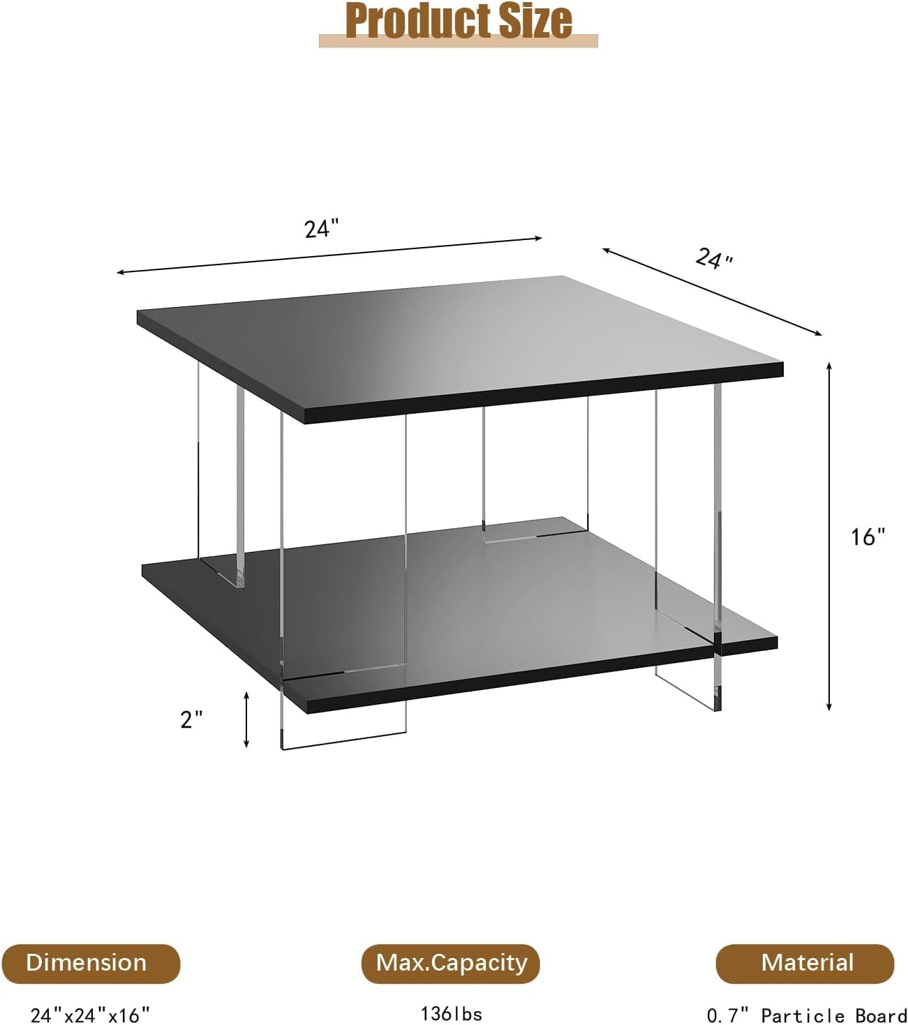 HedoAjim 24' Acrylic Coffee Table with Black Wood Tabletop, Minimalist Stylish Modern Square Center Table for Living Room,Led Living Room Table with Storage Shelf & Acrylic Frame for Small Space