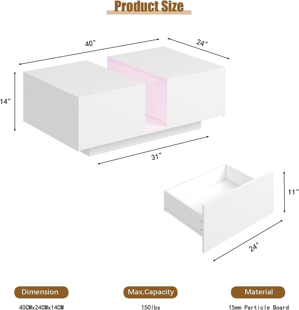 HedoAjim White Led Coffee Table for Living Room, Rectangular Living Room Table with Storage, Acrylic Coffee Tables with 2 Sliding Drawers, Wood Center Table for Reception Dinning Room