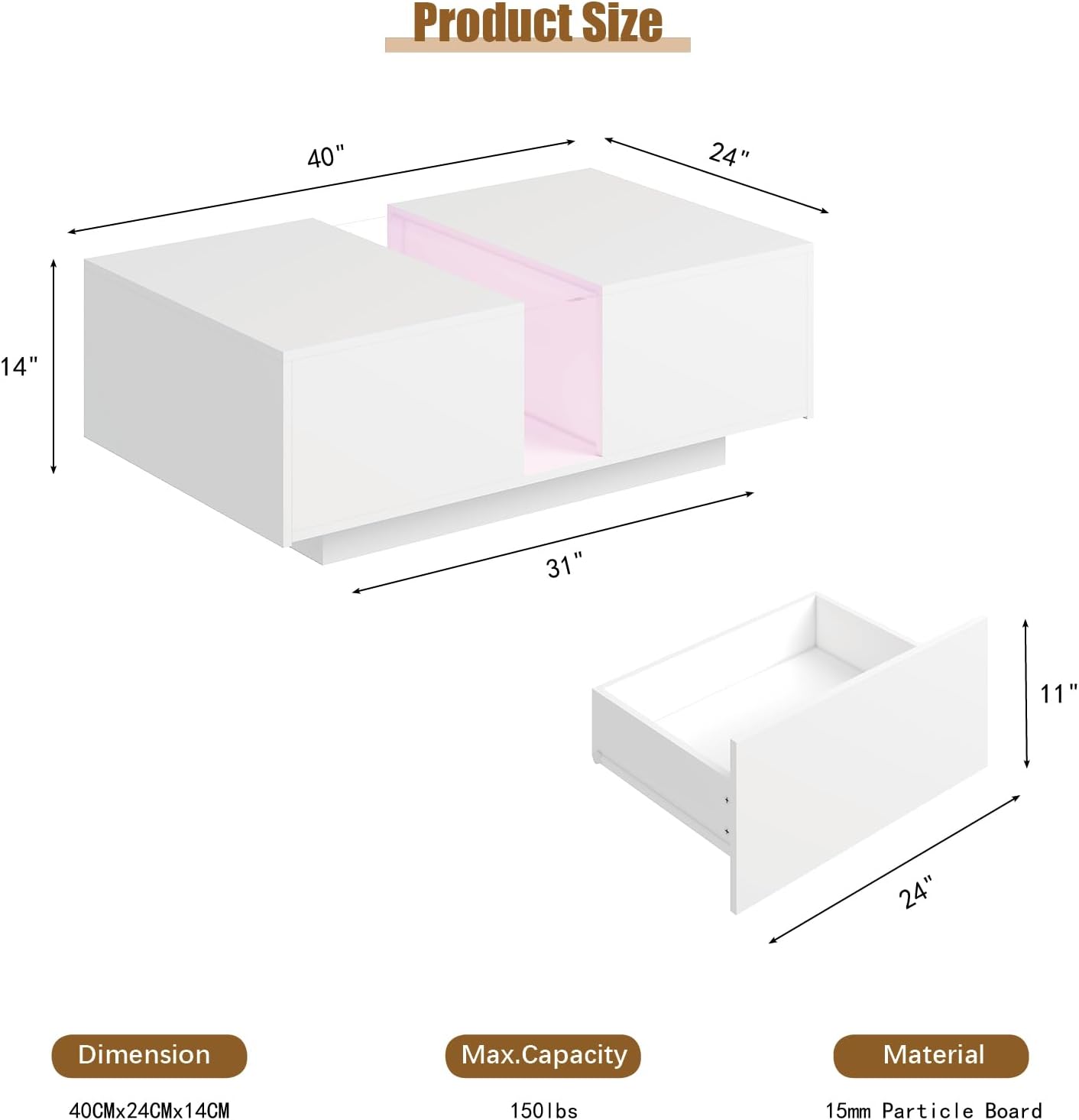 HedoAjim White Led Coffee Table for Living Room, Rectangular Living Room Table with Storage, Acrylic Coffee Tables with 2 Sliding Drawers, Wood Center Table for Reception Dinning Room