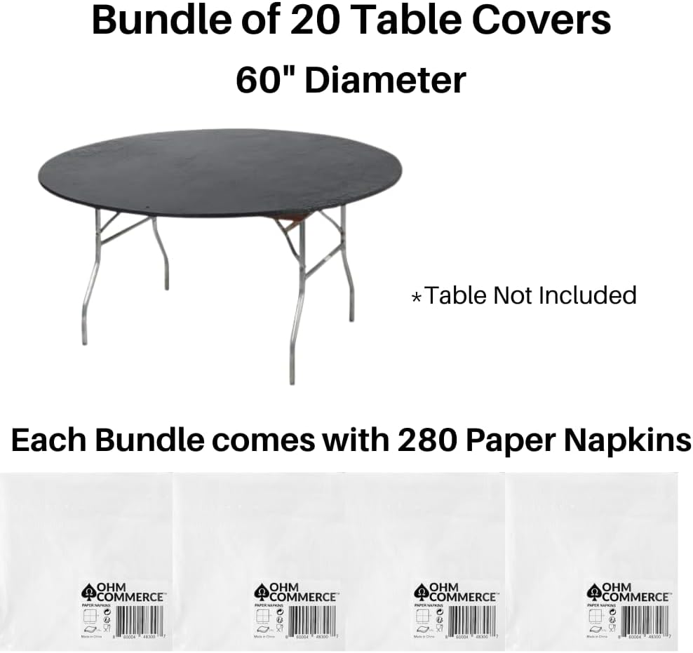 Kwik-Covers 60' Black Round Fitted Plastic Table Covers, Bundle of 20 with Two Hundred Eighty (280) Ohm Commerce Paper Napkins - Indoor or Outdoor Fitted Table Covers (Table NOT Included)