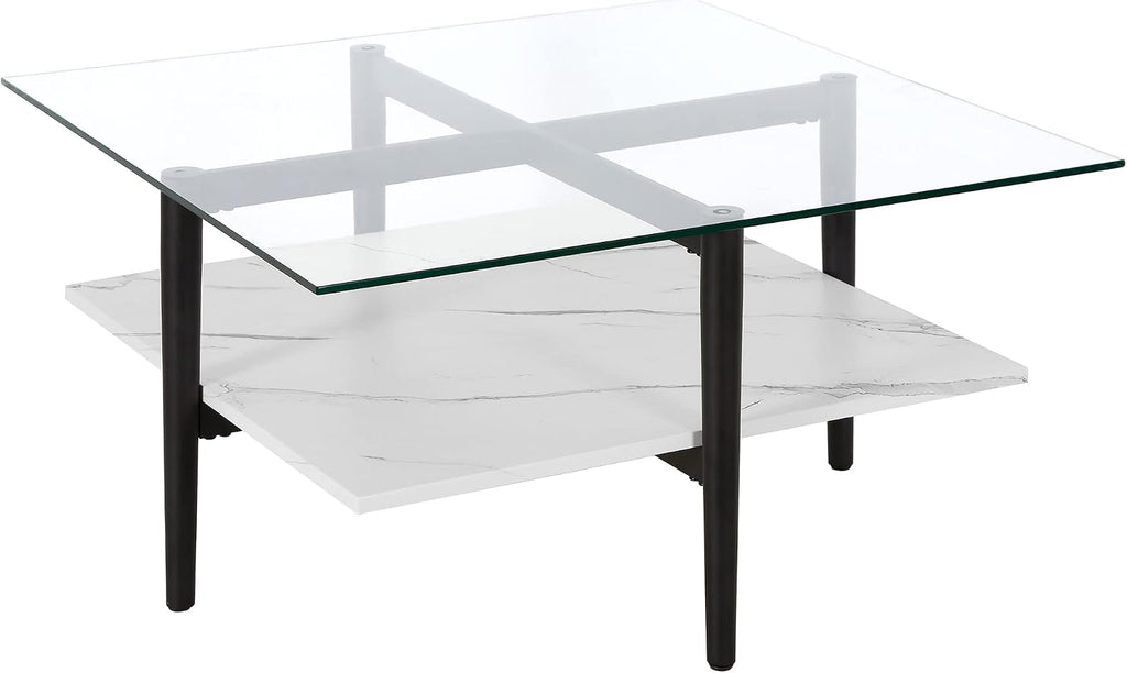 Otto 32' Wide Square Coffee Table with Faux Marble Shelf in Blackened Bronze