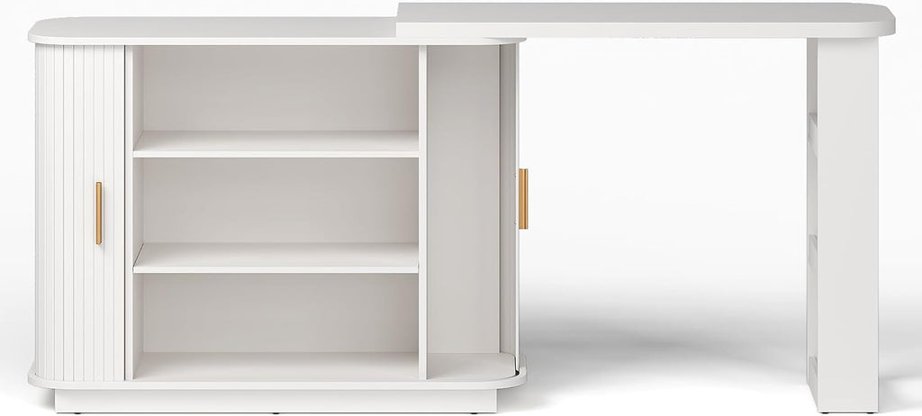 RoyalCraft 68' Extendable Makeup Vanity Desk, Modern L-Shaped Corner Vanity Desk with Silding Door, White Fluted Makeup Table with Curved Desktop and Adjustable Shelf, Wood Dressing Table for Bedroom