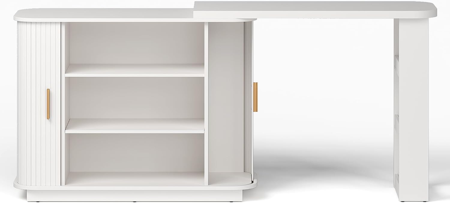 RoyalCraft 68' Extendable Makeup Vanity Desk, Modern L-Shaped Corner Vanity Desk with Silding Door, White Fluted Makeup Table with Curved Desktop and Adjustable Shelf, Wood Dressing Table for Bedroom