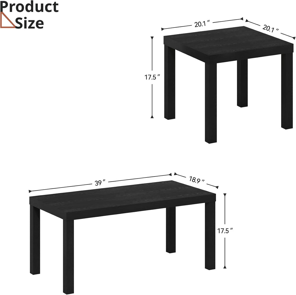 Modern 3 Piece Coffee Table Set, Rectangle Coffee Table with 2 Wood End Tables Thick Frame Living Room Table Sets for Small Spaces