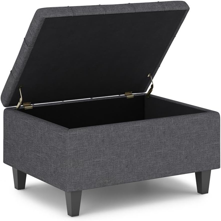 SIMPLIHOME Harrison Small Coffee Table Storage Ottoman - 34 inch Wide Upholstered Linen Look Fabric Rectangular Lift-Top Ottoman in Slate Grey, Transitional Ottoman for Living Room with Hidden Storage