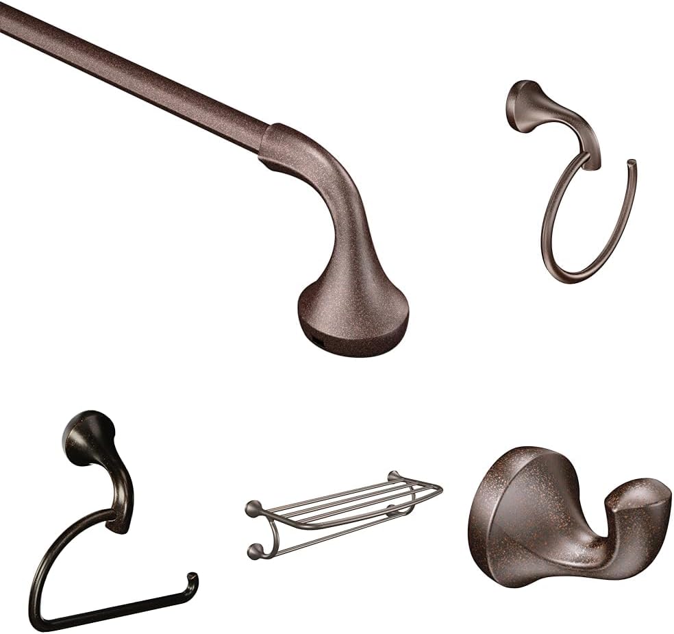 Bundle of Moen Eva Collection Oil Rubbed Bronze 18' Towel Bar, YB2818ORB, 26' Towel Ring, YB2886ORB, Robe Hook, YB2803ORB, Towel Shelf, YB2894ORB, and Toilet Paper Holder, YB2808ORB