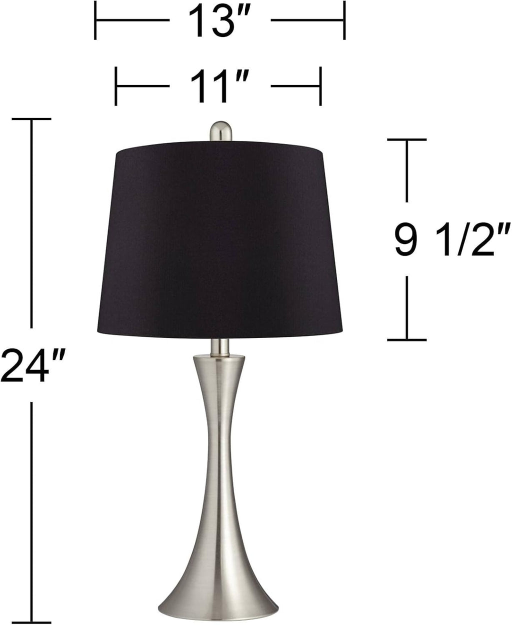 360 Lighting Gerson Modern Table Lamps 24' Tall Set of 2 Brushed Nickel Silver Curving Metal LED Black Faux Silk Drum Shade for Bedroom Living Room House Bedside Nightstand Office Family