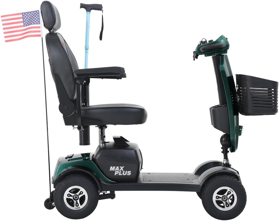 MAX Plus Emerald Outdoor Mobility Scooter - 16 Miles Range, Foldable Design, Anti-Tip Safety System, USB Charger & Cup Holder, 2 * 20AH Battery (300W Motor, 136kg Capacity) (Emerald + Metal)