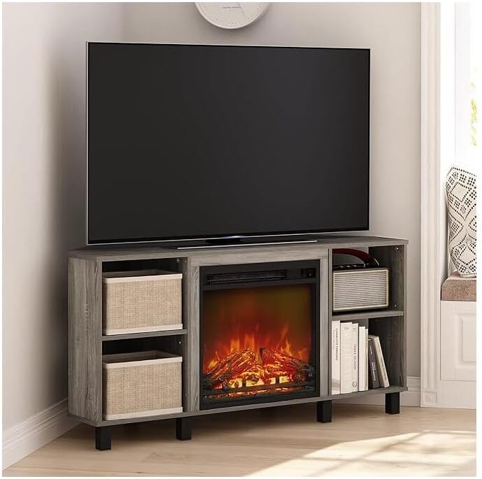 HomeStock Electric Fireplace TV Stand - Corner Entertainment Center for TVs up to 55 Inch French Oak Grey/Corner with Legs