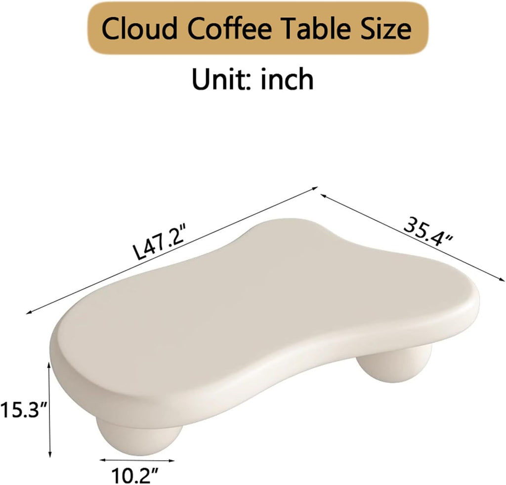 47.2' Cloud Coffee Table, Modern Coffee Table Unique Tea Table, Cute Cloud-Shaped Center Table with 3 Ball Legs for Living Room Home Office, Easy Assembly,White