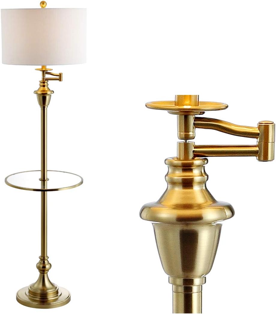 JONATHAN Y 60' Brass Gold Floor Lamp with Integrated Glass Side Table, Modern Swing Arm Standing Lamp for Living Room, White Linen Shade, LED Bulb Included JYL3055A