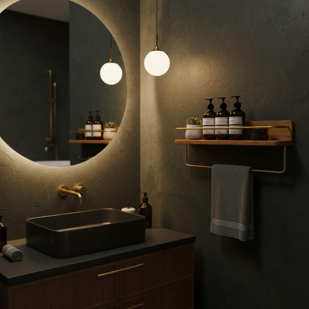 HOMORA Solid Wood Bathroom Shelf with Gold Towel Bar – Wall Mounted Toiletry Organizer, Walnut-Style Wall Shelf for Bathroom & Kitchen Storage, Wooden Shelf with Brass Rail