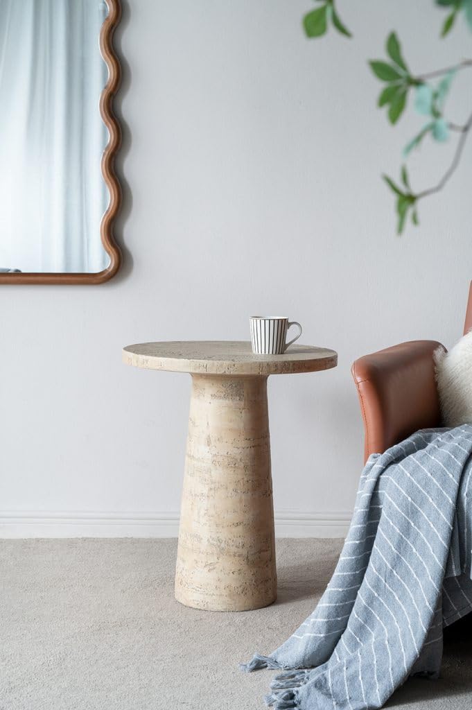 WILLIAMSPACE 22' Cream Round End Table Side Table for Living Room, Modern Magnesium Oxide Stone Small Coffee Table with Pedestal Base, 22'x22'x25.5'H (Cream)