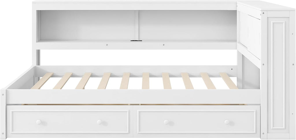 LUMISOL Full Size Corner Bed with Storage Drawers & Shelves, Wooden L-Shaped Day Bed Frame with Charging Station & LED Lighting for Living Room or Guestroom, White