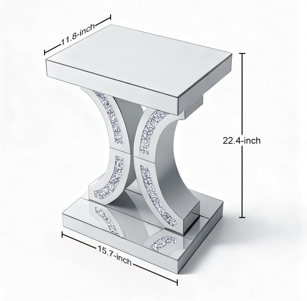 Crushed Diamond C-Shaped Mirrored End Table, Silver Side Accent Table, Small Mirrored Coffee Table for Living Room, Bedroom, 16'x12'x23'