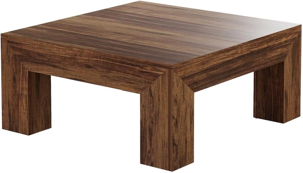 39.4' Square Coffee Table, Farmhouse Coffee Table with Sturdy Base, Mid-Century Modern MDF Accent Center Tea Tables for Living Room Apartment, Easy Assembly