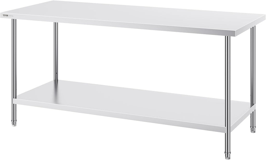 VEVOR Stainless Steel Prep Table, 30 x 72 x 34 Inch, 920 lbs Load Capacity, Heavy Duty Metal Worktable with 3 Adjustable Height Levels, Commercial Workstation for Kitchen Garage Restaurant Backyard