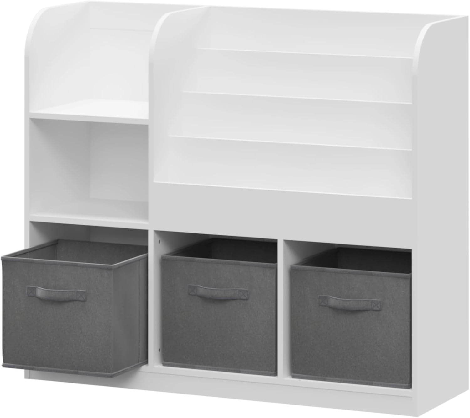 Bookcase and Storage Organizer with 3 Fabric Drawers – Wooden Bookshelf Display Rack for Toddlers and Children, Reading Corner Storage Shelf for Bedroom, Playroom, Nursery, Grey