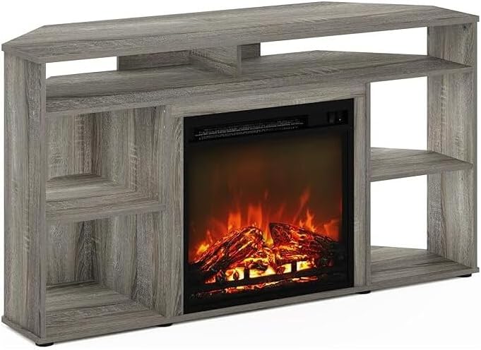 HomeStock Electric Fireplace TV Stand - Corner Entertainment Center for TVs up to 55 Inch French Oak Grey/Corner with Top Shelf
