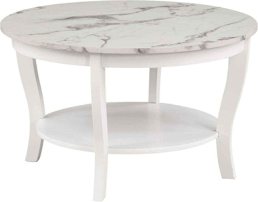 Convenience Concepts American Heritage Round Coffee Table 30' - Classic Living Room Table with Storage Shelf, Traditional Round Family Room Center Table, White Faux Marble/White
