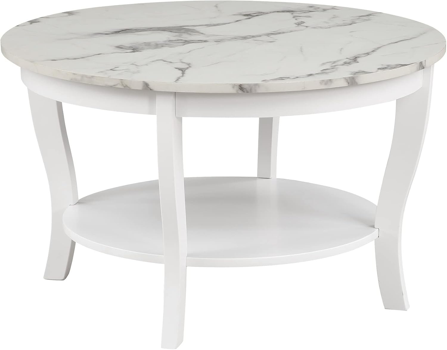 Convenience Concepts American Heritage Round Coffee Table 30' - Classic Living Room Table with Storage Shelf, Traditional Round Family Room Center Table, White Faux Marble/White