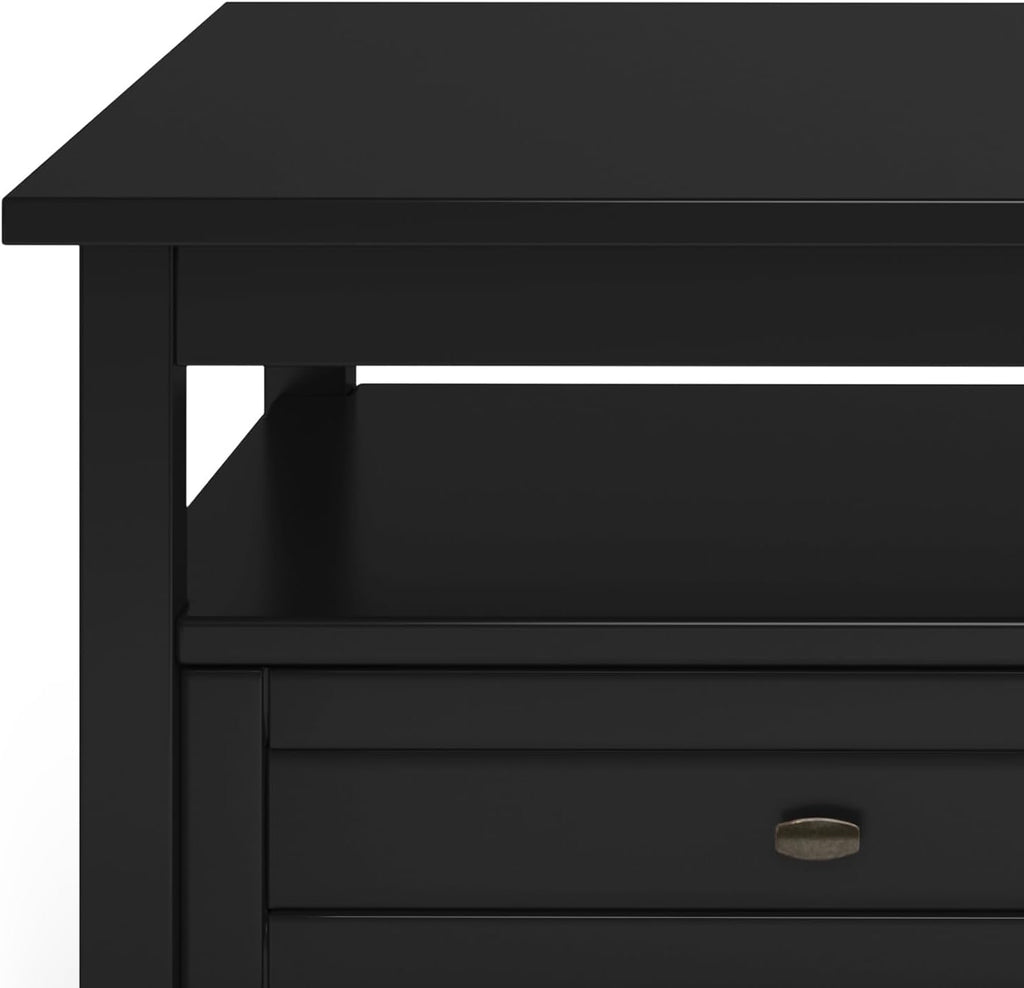 SIMPLIHOME Warm Shaker Coffee Table - 48 inch Wide Solid Wood Coffee Table in Black, Transitional Living Room Table with 2 Drawers, Open Shelf, Shaker Fronts and Tapered Legs