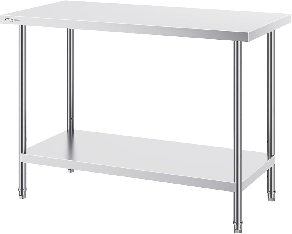 VEVOR Stainless Steel Prep Table, 24 x 48 x 34 Inch, 800 lbs Load Capacity, Heavy Duty Metal Worktable with 3 Adjustable Height Levels, Commercial Workstation for Kitchen Garage Restaurant Backyard