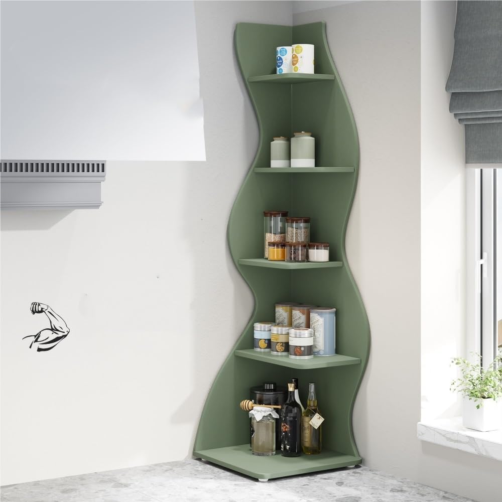 Vertical Bookshelf Tower, Narrow Corner Bookcase, Space-Saving Storage Shelf, Indoor Display Cabinet, Spine Bookshelf, Floor-Standing Corner Shelf for Bedroom(Green)