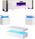 AMERLIFE 4-Piece Living Room Table Set, Includes 70 inch Fireplce TV Stand, 2-Tier Center Table with 2 End Side Tables, High Gloss Coffee Table Set, All White