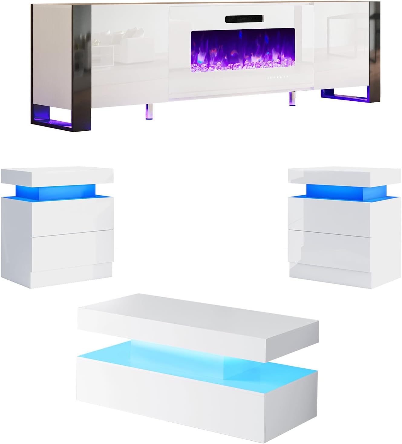 AMERLIFE 4-Piece Living Room Table Set, Includes 70 inch Fireplce TV Stand, 2-Tier Center Table with 2 End Side Tables, High Gloss Coffee Table Set, All White