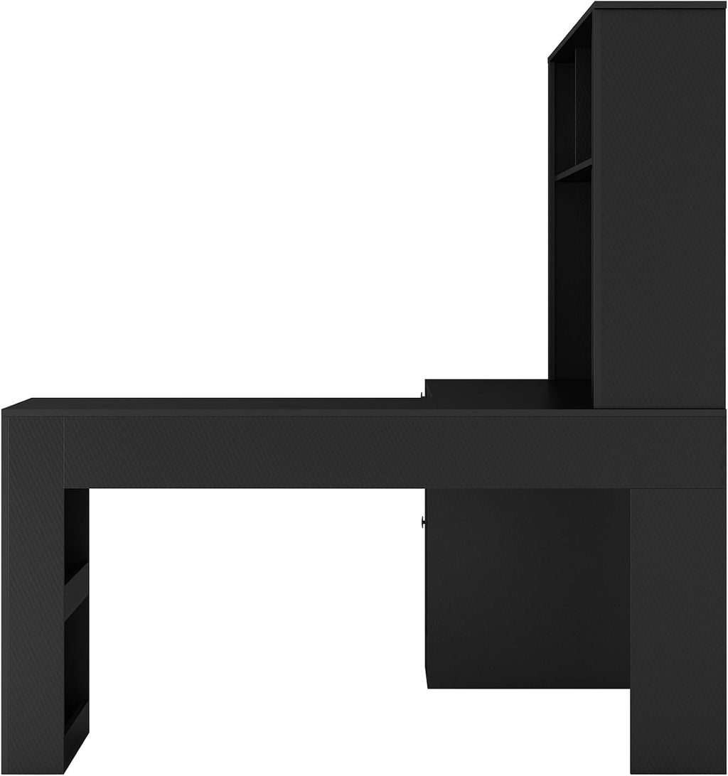 Black L-Shaped Home Office Desk with Hutch & Drawers, Modern Corner Desk with Bookshelf, Wood Study Writing Table Gaming Computer Desk for Bedroom, Home