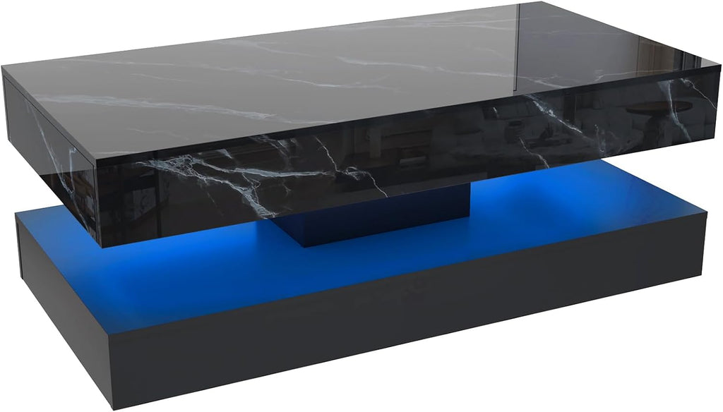 chartustriable 47.2' Large High-Glossy LED Coffee Table with 2 Sliding Drawers, Living Room Storage Coffee Tables with Marbling Print, Modern Stylish Double-Layer Center Tables w/LED Lights, Black