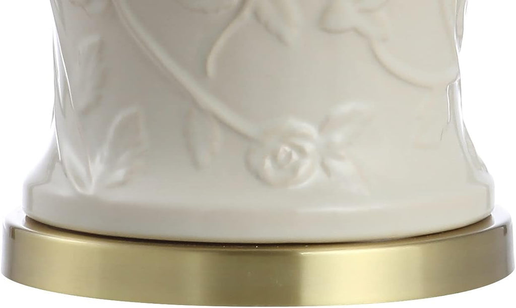 JONATHAN Y 29.5' Cream Ceramic Chinoiserie Table Lamp, Traditional Ginger Jar Lamp for Living Room Bedroom, White Linen Empire Shade, Brass Gold Base, LED Bulb Included JYL6604A