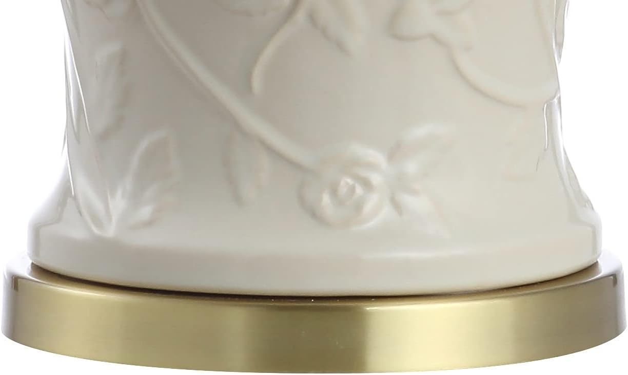 JONATHAN Y 29.5' Cream Ceramic Chinoiserie Table Lamp, Traditional Ginger Jar Lamp for Living Room Bedroom, White Linen Empire Shade, Brass Gold Base, LED Bulb Included JYL6604A