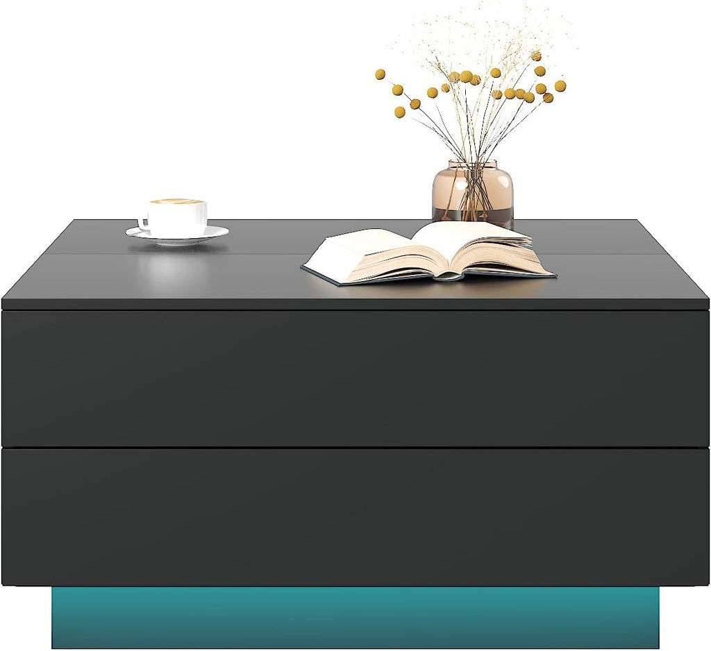 HedoAjim Square Coffee Tables with Storages, Modern Black Coffee Table for Living Room, Flip Cover Coffee Tables and 2 Spacious Drawers, Coffee Table with LED Light
