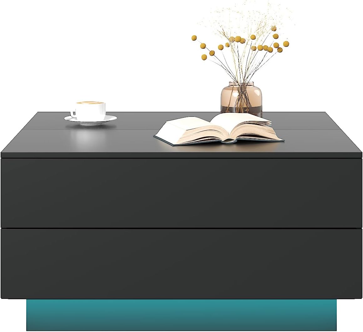HedoAjim Square Coffee Tables with Storages, Modern Black Coffee Table for Living Room, Flip Cover Coffee Tables and 2 Spacious Drawers, Coffee Table with LED Light